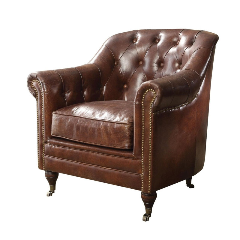 Fauteuil Chesterfield en cuir véritable capitonné l 34 po Batterton
