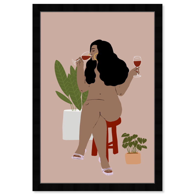 Nude Drinker - Peinture, H 15 po x l 10 po, Papier avec cadre noir