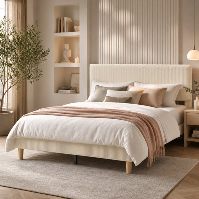 Lit plateforme tapissier Corduroy avec tête de lit à DEL, cadre de lit moderne