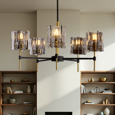 5-Light Glass Pendant Chandelier with Adjustable Chain, Black and Brass Finish