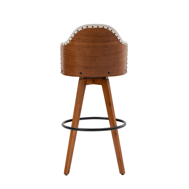 Tabouret de bar rotatif Corrigan Studio® Idan, revêtement en cuir PU, pieds en bambou, Blanc