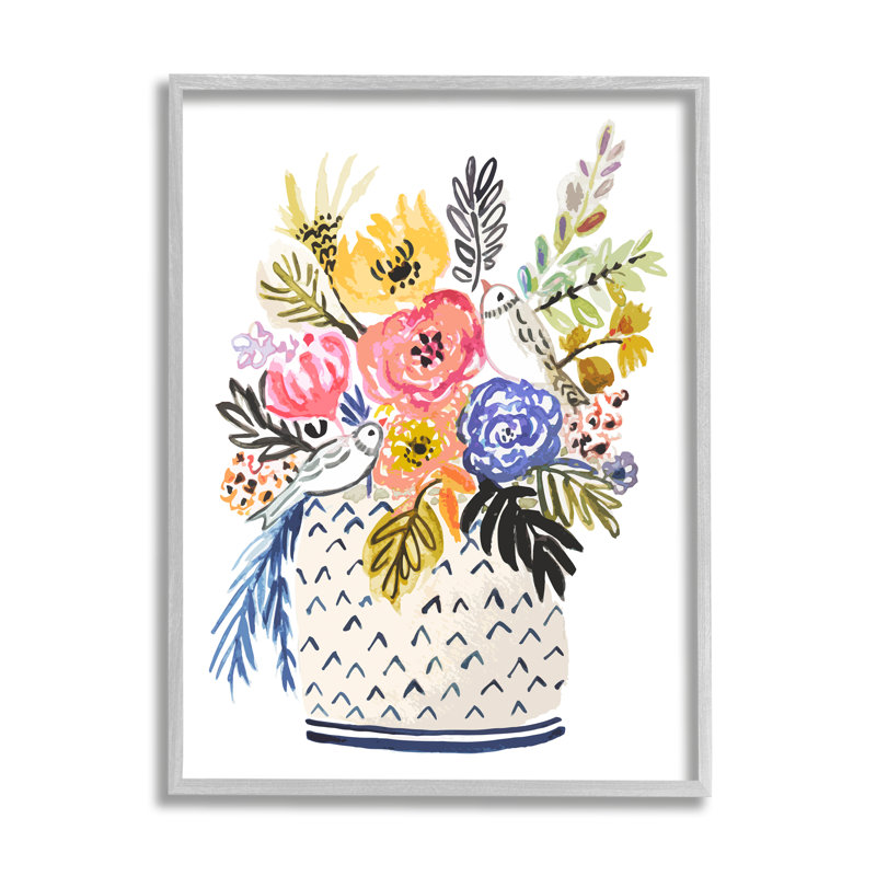 «Birds Perched Fun Floral Blossoms» par Karen Fields - peinture à cadre flottant sur bois, H 14 po x l 11 po x P 1,5 po