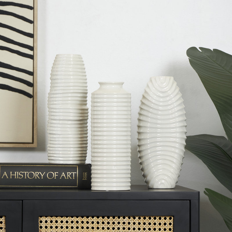 Elleigh Ceramic Dimensional Ribbed Decorative Vase with Varying Shapes Set, White