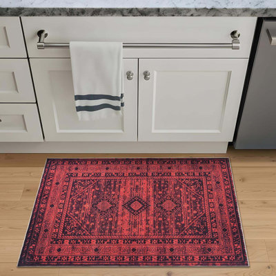 Washable Non-Slip 2' X 3' Rug - Red Traditional Bordered Area Rug For Living Room, Bedroom, Dining Room, And Kitchen - Exact Size: 2' X 3'