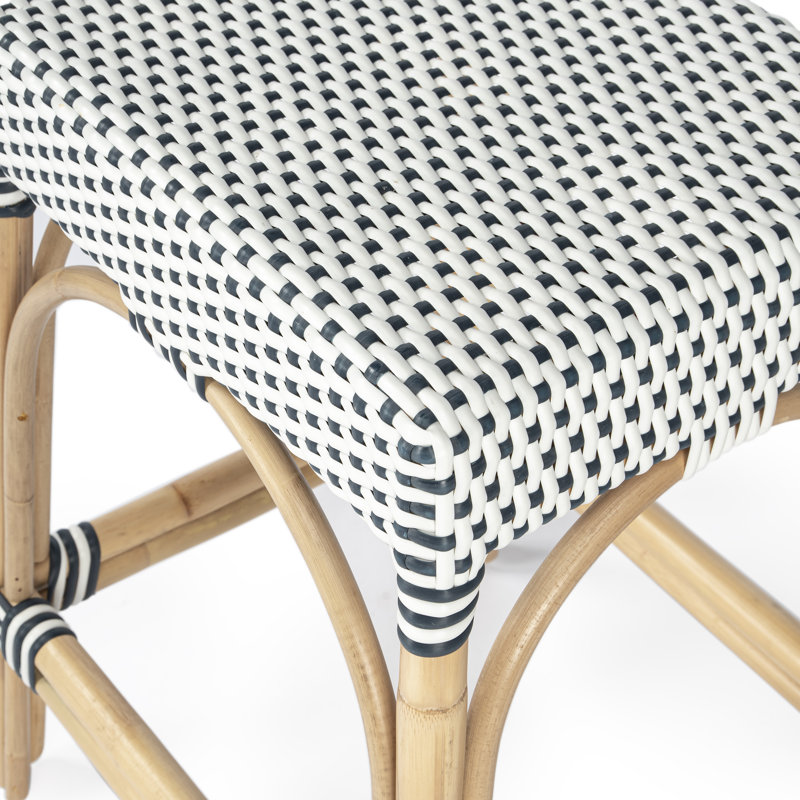 Robias Rattan 18" Dining Stool, White/Navy Dot/ Natural Rattan Frame
