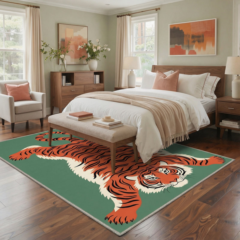 Kai Emerald Jungle Tiger Animal Print Machine Washable Green / Orange Indoor Area Rug with Non-Slip Backing