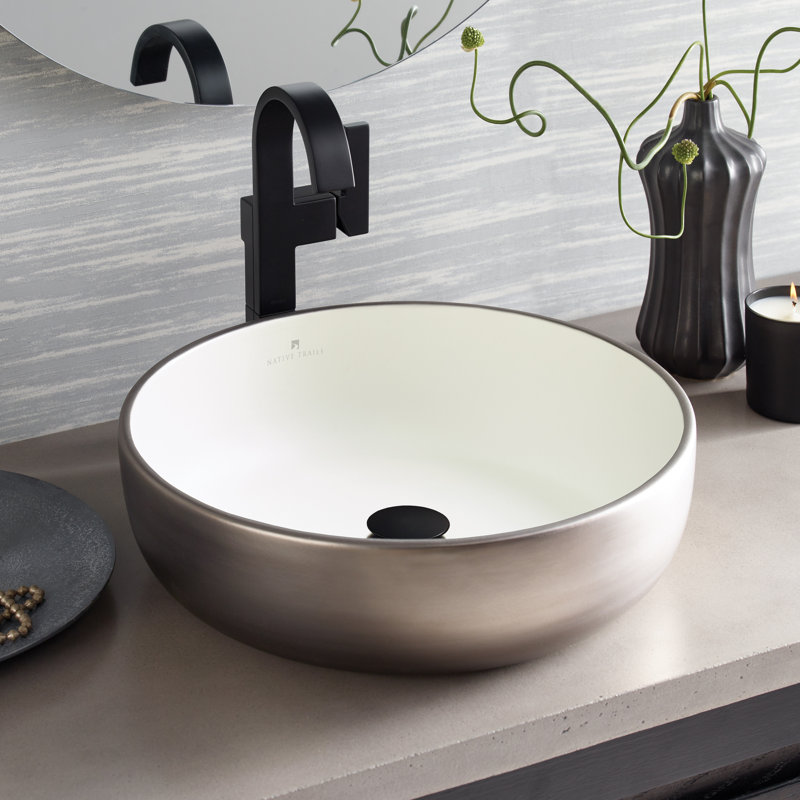 Bliss 16" Round Fireclay Vessel Bathroom Sink, Platinum/White