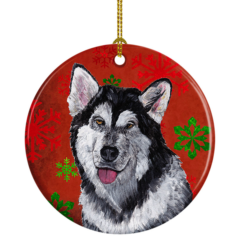 Ornement figurine suspendu en céramique effet velours alaskan malamute flocons de noël