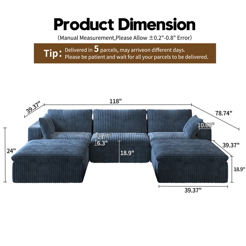 Boneless U-Shaped Modular Corner Sectional 5-Piece Plush Corduroy Sofa, Cloud Couch with 2 Ottoman,No Assembly Required Boneless Couch