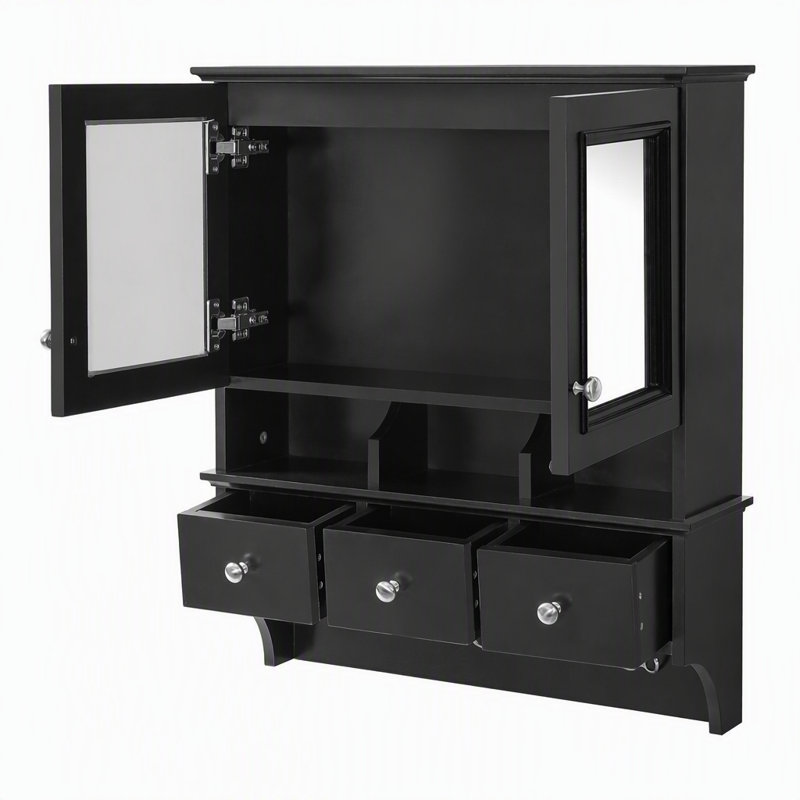 Armoire à pharmacie multifonctionnelle pour salle de bain avec miroirs, tiroirs et crochets de rangement, Black
