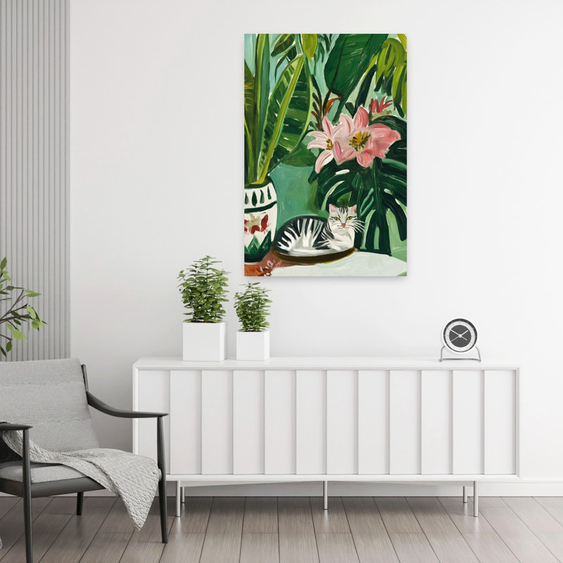 Art contemporain, chat, coloré, vibrant, rétro, nature, art tropical, H 36 po x l 24 po