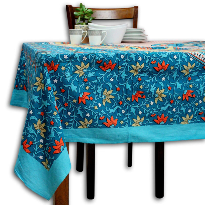 Cotton Floral Peacock Tablecloth Rectangle Blue Pink Teal Golden, Teal