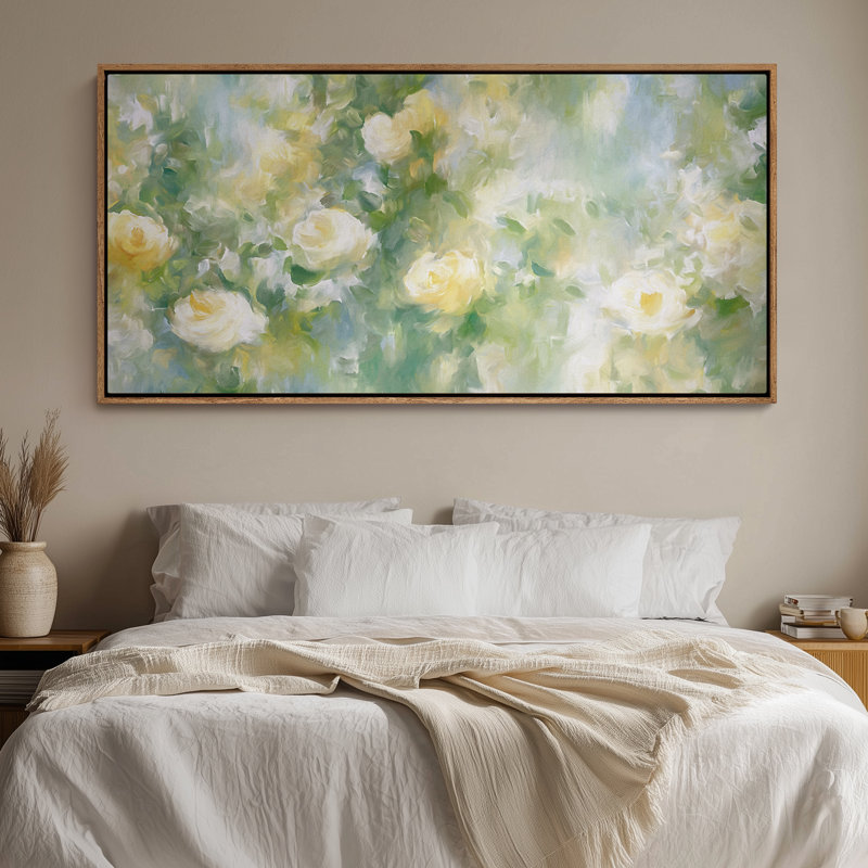 Art mural sur toile encadrée - Roses blanches douces dans un jardin, Naturel, 30" H x 60" W