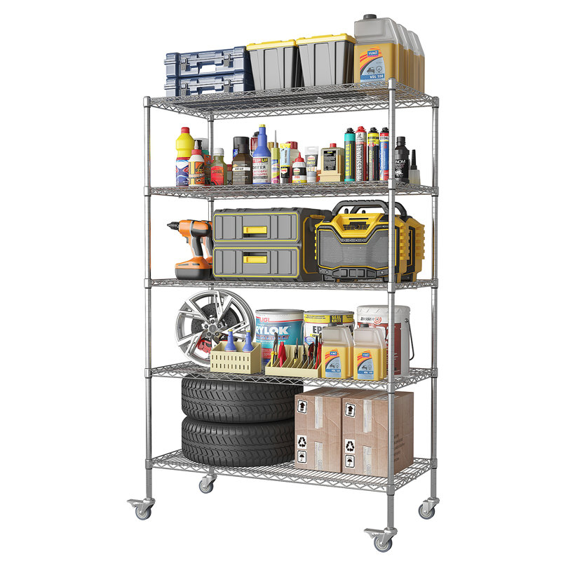Étagère de cuisine ajustable robuste à 5 niveaux de l 47 po x P 24 po x H 72 po, tablettes de rangement grillagées avec roulettes, étagère de rangement pour garde-manger