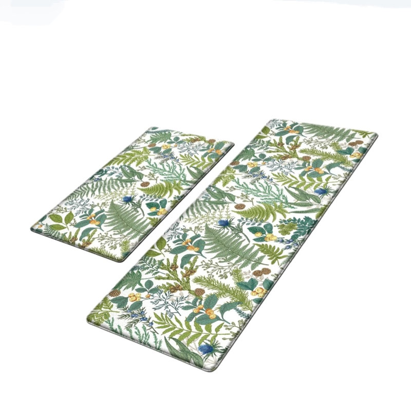 Floral Non-Skid Kitchen Mat, Green/White