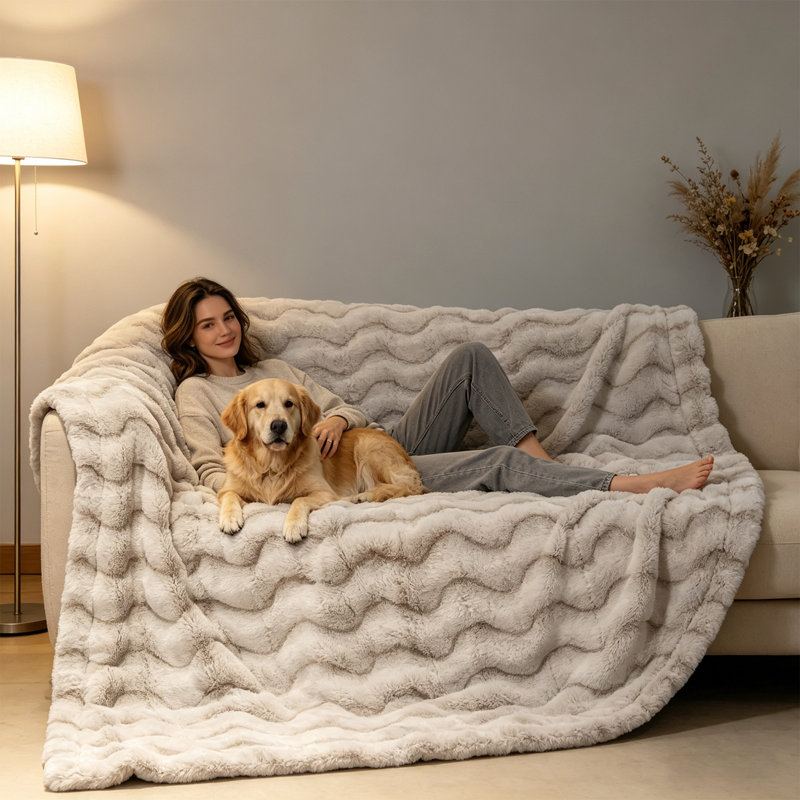 Faux Rabbit Fur & Flannel Weighted Throw Blanket, Ultra Soft & Cozy for Bedroom Living Room Décor , 130cm x 177cm, White