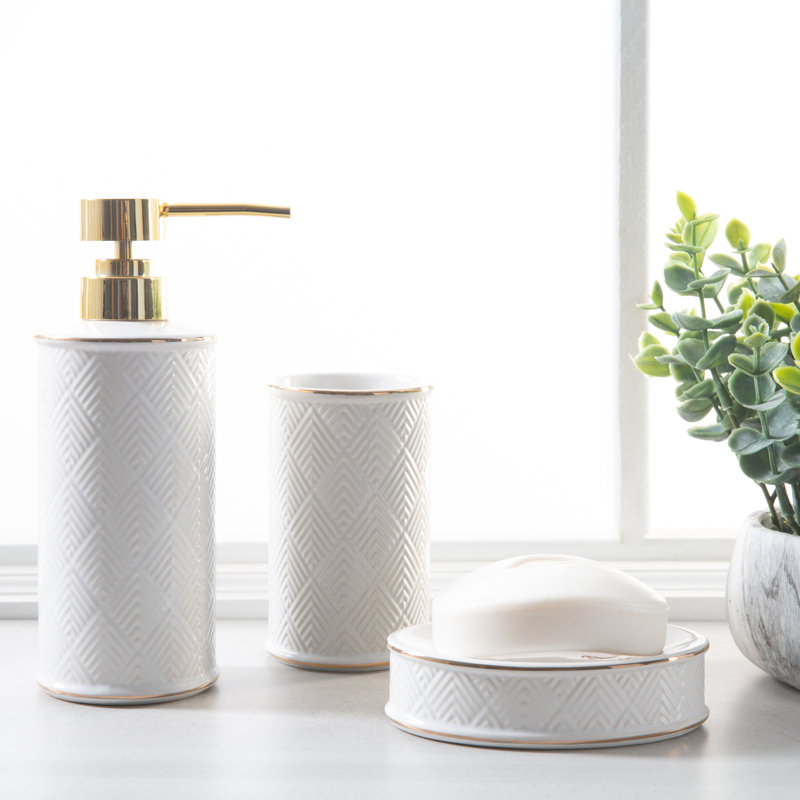 White and Gold Embossed Ceramic Bathroom Tumbler