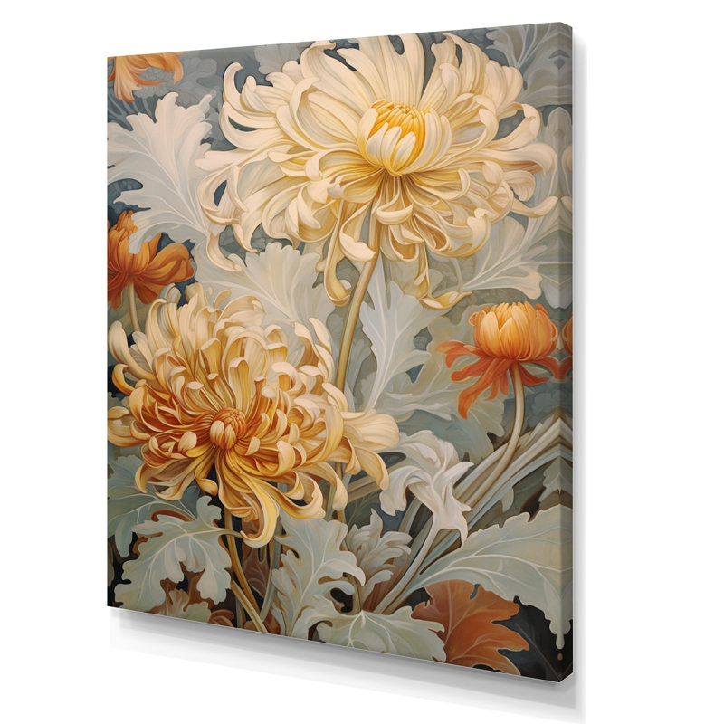 " Blooming White Orange Chrysanthemum Retro Art ", Wrapped Canvas, 40" H x 30" W