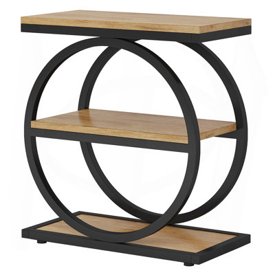 23.6 Inch Narrow 3-Tier End Table with Storage – Slim Industrial Sofa Side Table or Tall Nightstand for Living Room & Bedroom, Oak Wood with Black Metal Frame
