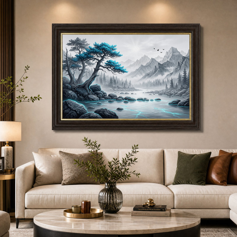 Tableau sur toile représentant un paysage de montagne brumeux avec un pin bleu, H 12 po x l 18 po