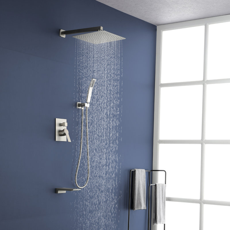 Brushed Nickel Rain Shower System with Handheld and Tub Spout