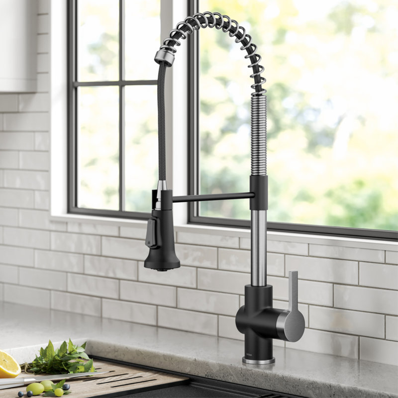 KRAUS Britt Commercial Style Single Handle Pull Down Kitchen Faucet, Spot-Free Stainless Steel/Matte Black