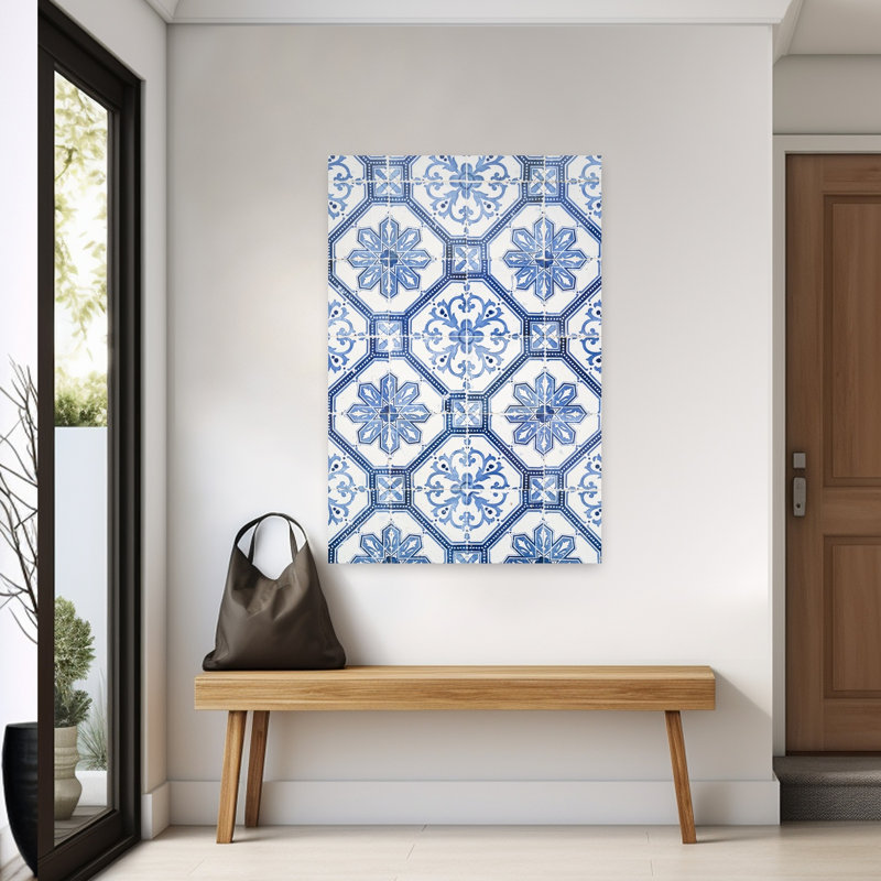Motif azulejo bleu à motif géométrique classique, 60" H x 40" W