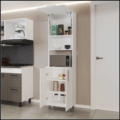 White Kitchen Pantry With 2-Pneumatic Doors And Open Storage For Modern, Organized Kitchens