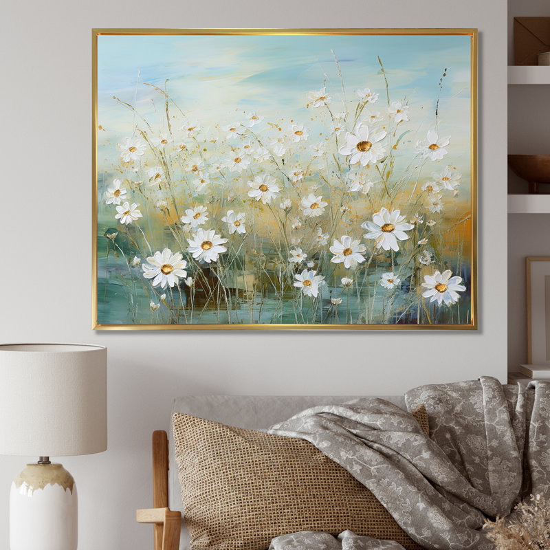 Marguerites au soleil, champ de fleurs I - Art mural champ de fleurs, Cadre flottant doré, H 24 po x l 32 po x P 0,5 po