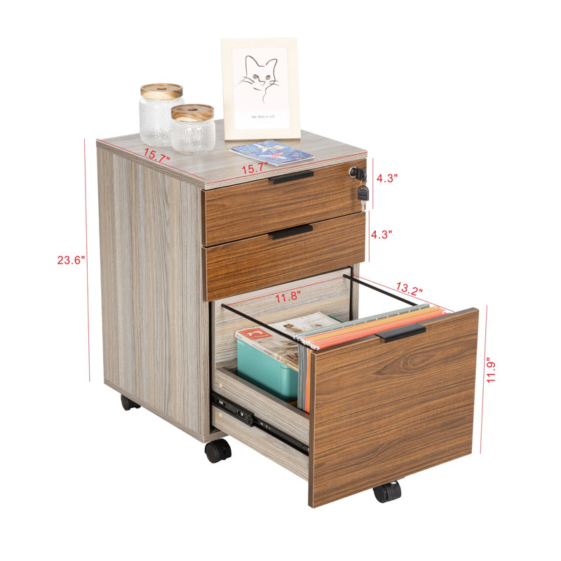 Mobile Vertical Lockable 3-Drawer File Cabinet in Brown