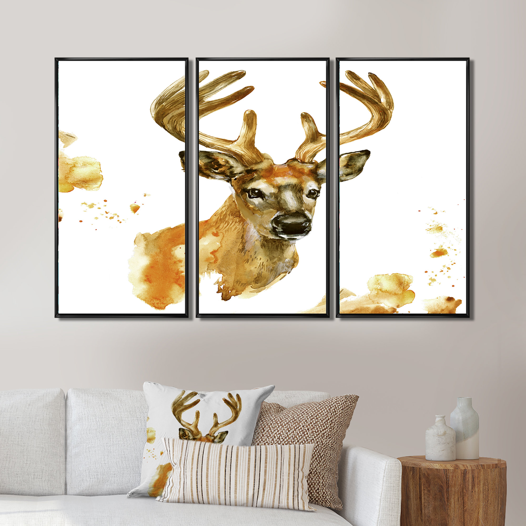 Loon Peak® Portrait Of Deer With Big Horns 3 Piece Floater Frame