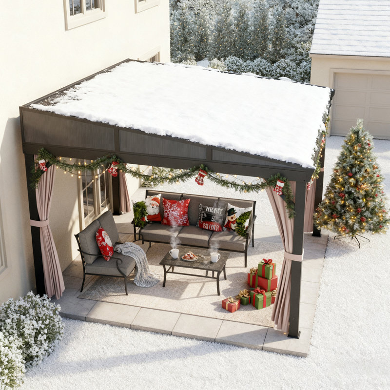 Patio Wall-Mounted Aluminum Gazebo with Galvanized Steel Roof, Sunroom, Curtains and Netting, 12 ft. W x 10 ft. D