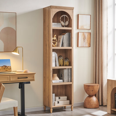 76" Tall Arched Bookcase, 5-Tier Narrow Arched Shelving Unit with Adjustable Shelves, Featuring Storage and Open Display Shelves