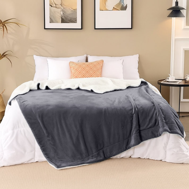Sherpa Fleece Fur Thick Reversible Blanket Throw, 130cm x 150cm, Black
