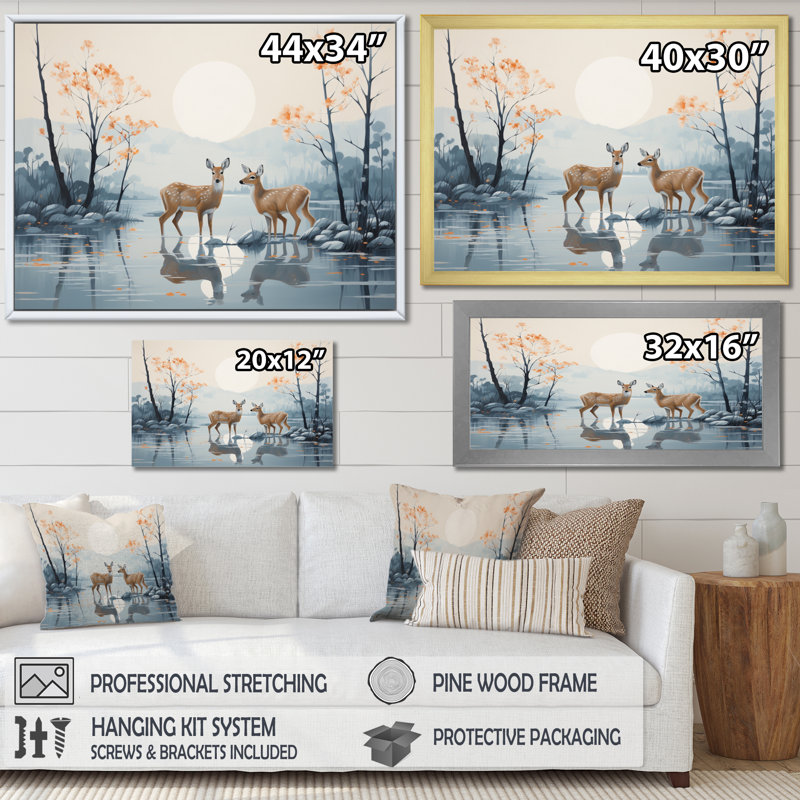 Animal cerf flottant en hiver - impression, Encadrement doré, H 12 po x l 20 po x P 1 po