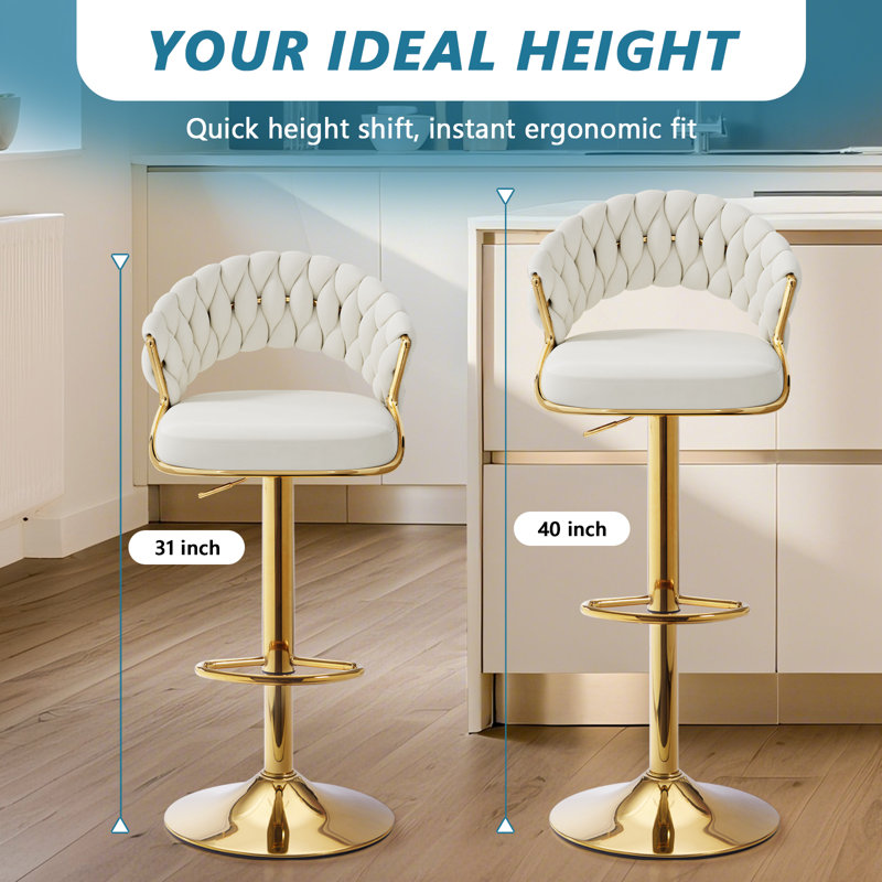 Velvet Swivel Bar Stools Set of 2, Modern Gold Barstools with Woven Back & Adjustable Height Metal Base And Footrest Stylish Stools, Beige
