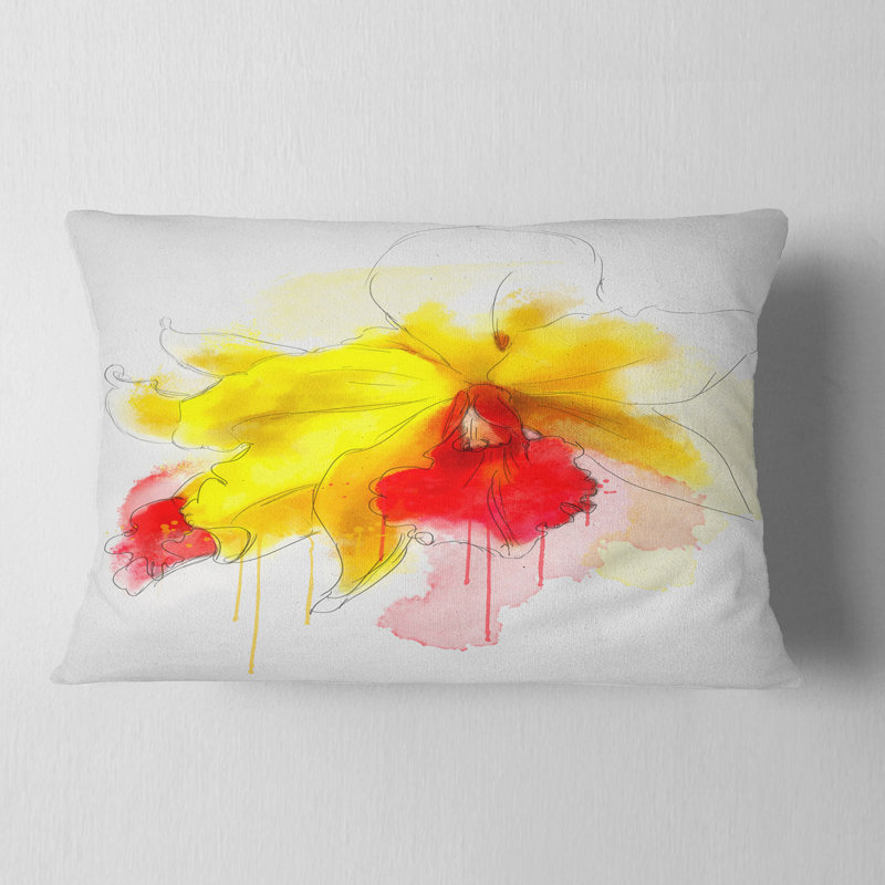 Coussin décoratif à fleurs jaunes et éclaboussures rouges