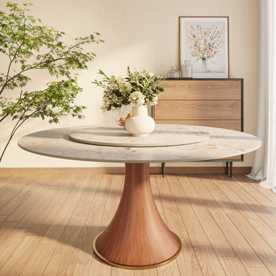 Farmhouse Glossy Sintered Stone Round Dining Table With Removable Lazy Susan Solid Wood Pedestal Base