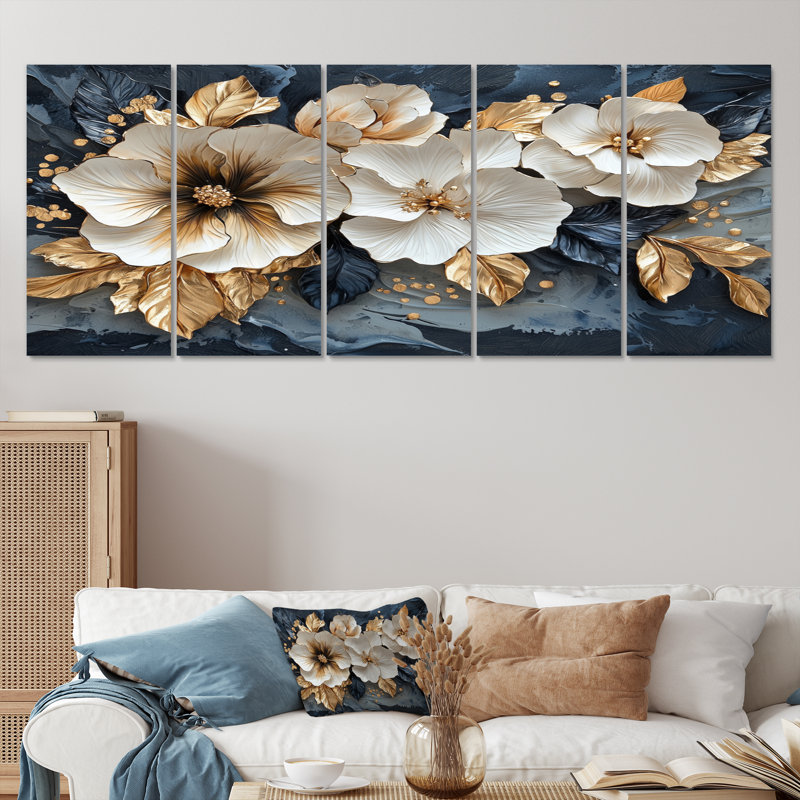 Hibiscus doré liquide Art Harmony III - Hibiscus Wall Art - Art mural traditionnel, H 32 po x l 80 po, 5