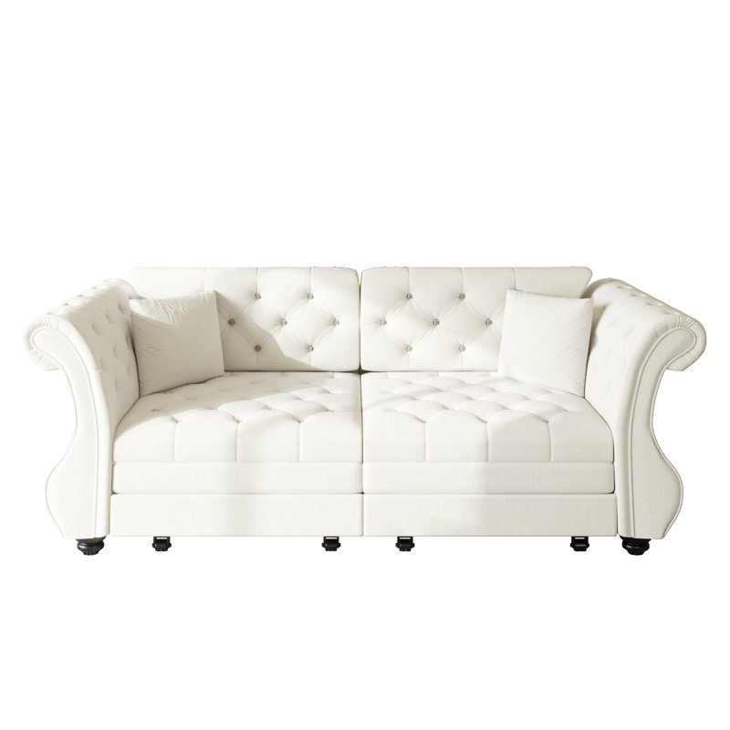 83.8" Oversized 3-Seater Chesterfield Pull Out Sofa Bed, Classic Roll Arm Velvet Couch with Floral Tufting, No-Sag Firm Upholstery for Living Room/Bedroom/Apartment,Beige/White