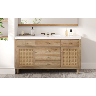 Meuble-lavabo de 60 po avec lavabo SMC, grande armoire de rangement moderne avec tiroirs à fermeture en douceur et portes en rotin, poignées en métal argenté et 5 pieds en pin
