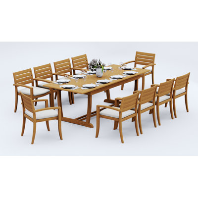 Ensemble de salle à manger 9 pièces en bois de teck de qualité A: table de chevet rectangulaire à double tréteaux 94 po et chaises empilables Alvarado # 11TV2108