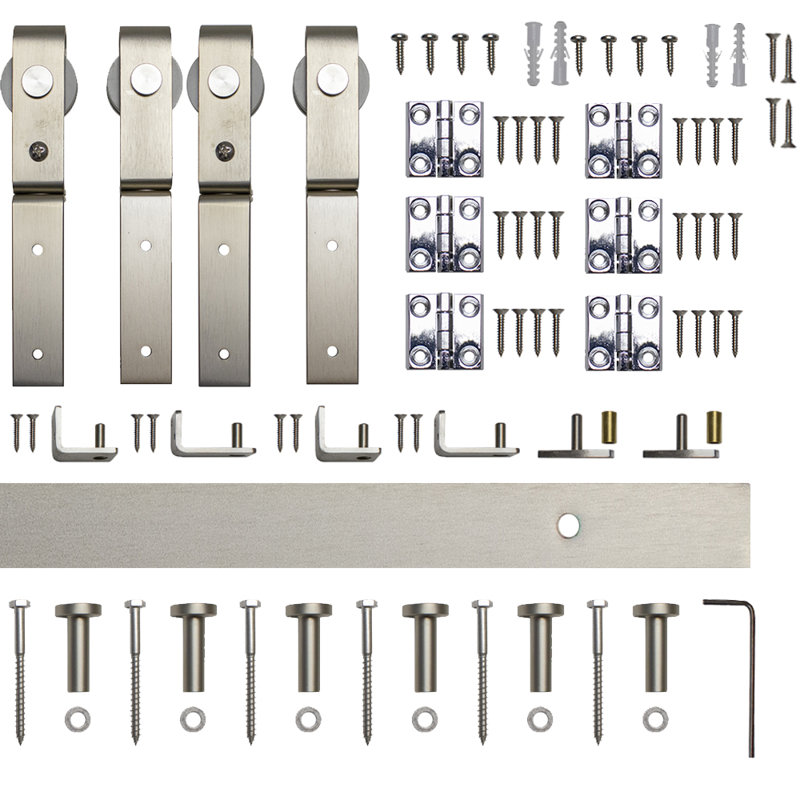 Quincaillerie de porte de grange double coulissante miniature pliante (porte non incluse), Nickel satiné, 60 po