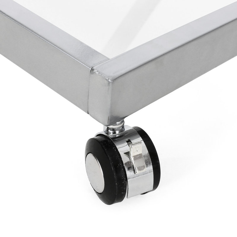 Chariot-bar tendance en argent avec roues verrouillables et étagères en verre trempé, base en fer incassable, 18,33 po