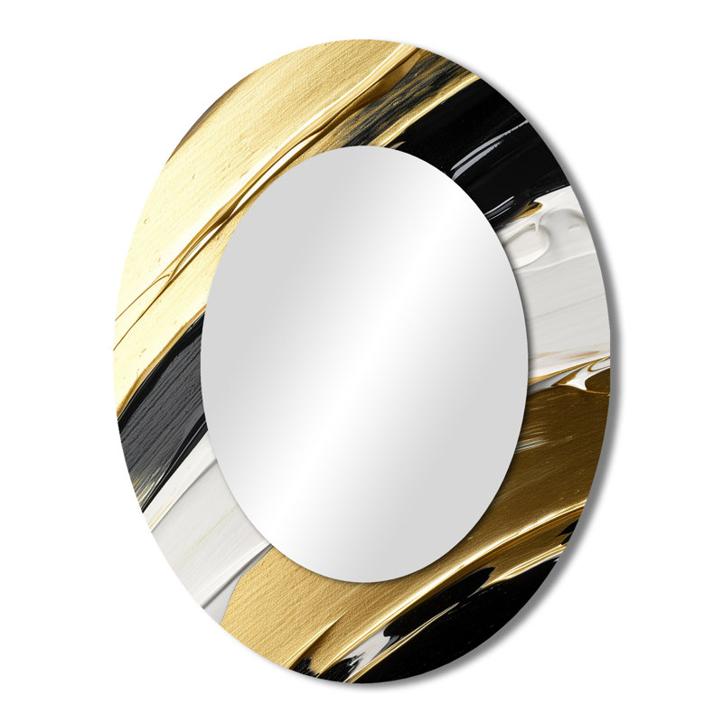 Waves Of Midnight Passion Abstract Black Gold - Abstract Oval Decorative Mirror On Metal, 43" x 33"