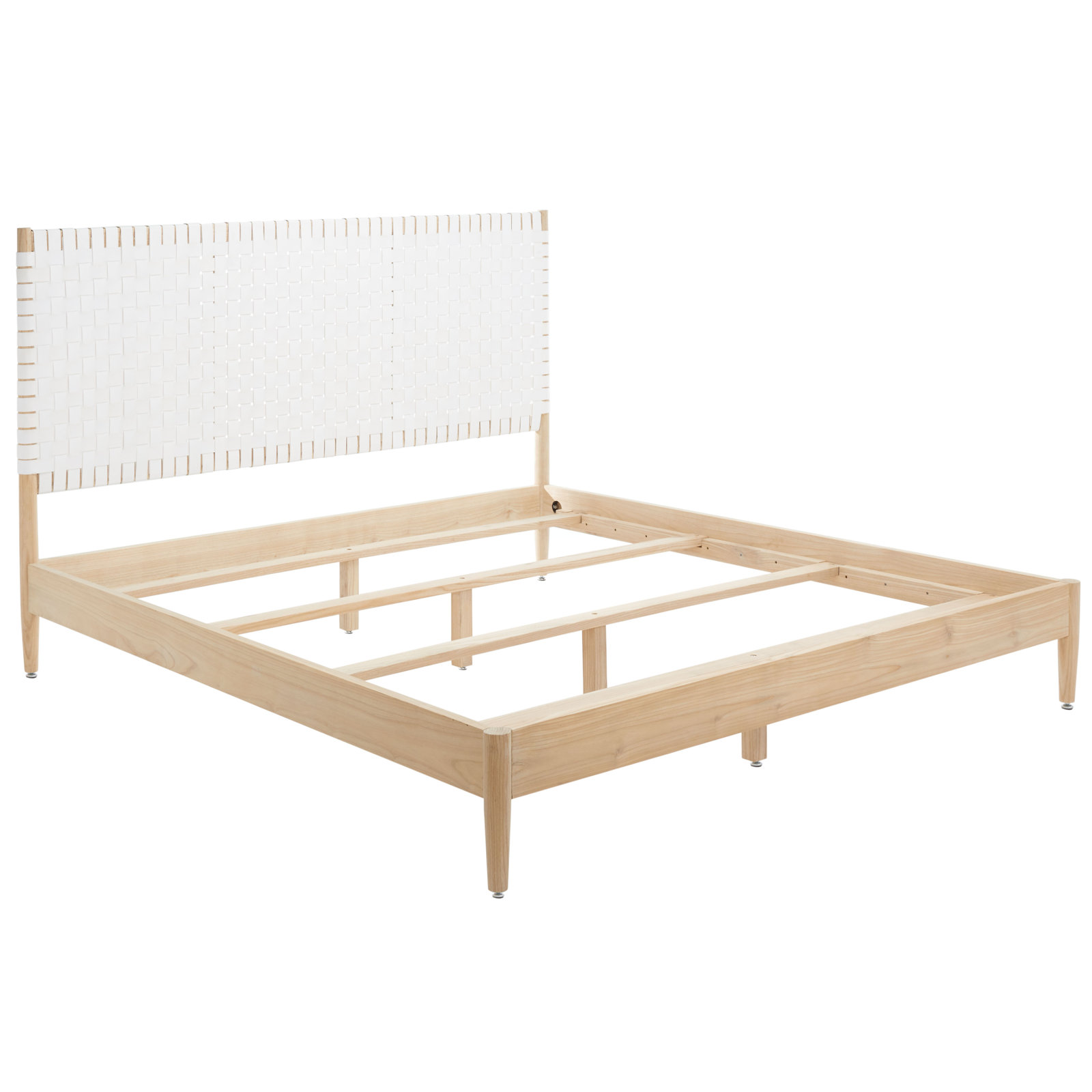 Tamita Genuine Leather and Oak Bed, White/Natural, Queen