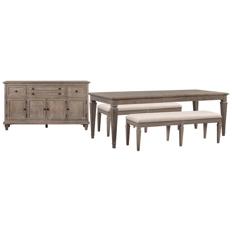 Extendable Rectangular Dining Table With 2 Benches And Buffet, 4 Pcs: Table, 2 Benches, Buffet, Brown/Beige