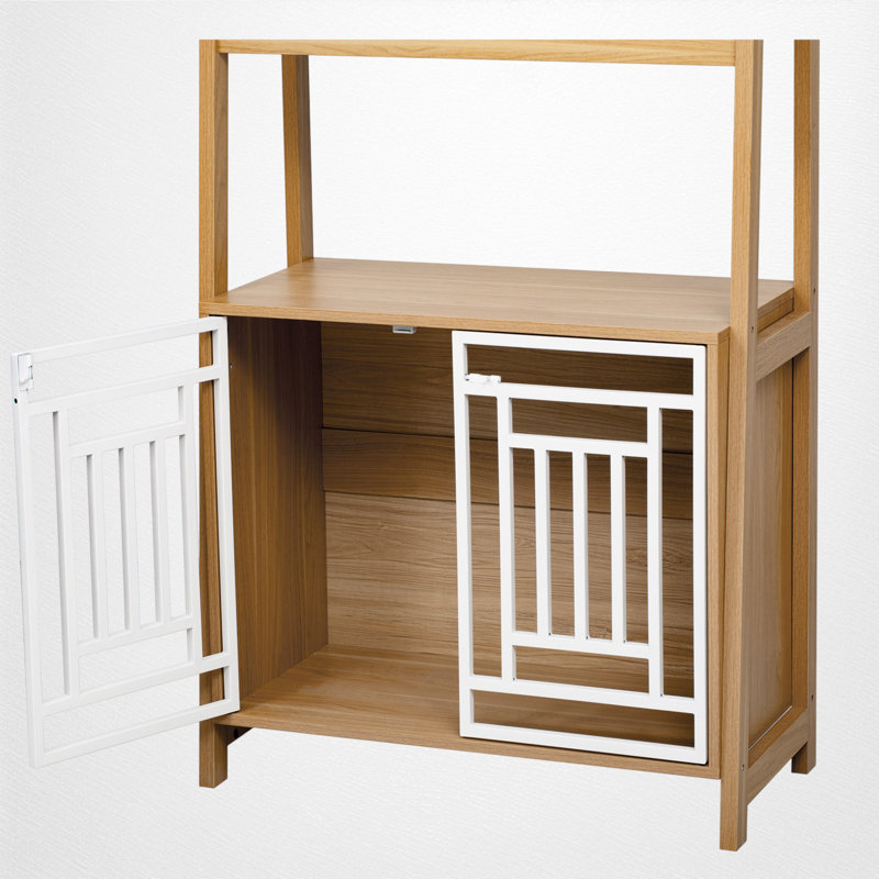 Dog Crate Bookcase, Built-In Pet Kennel Storage, Modern Metal-Door Base, Scandinavian Style, Living Room