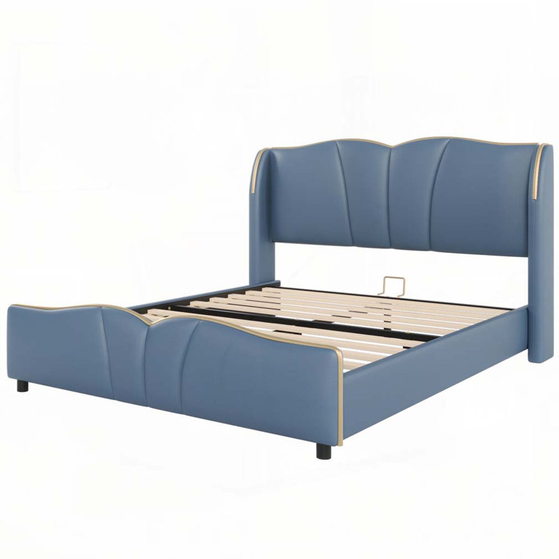 Structure de lit rembourrée en cuir, Bleu antique, Grand lit