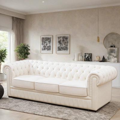 94" Genuine Cowhide Leather Chesterfield 3-Seat Sofa With European Buckle Details